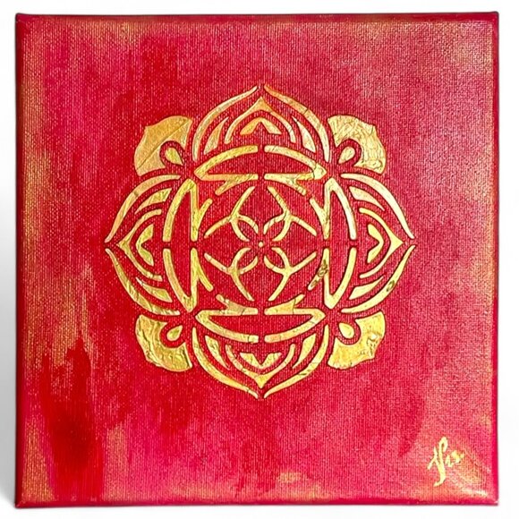 Red and Gold Mandala Textured Canvas Art 8 in x 8 in - Picture 1 of 8